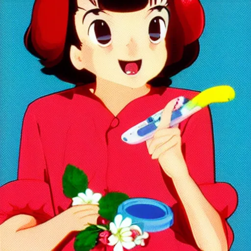 Image similar to a very cute, adorable strawberry character with only two front teeth, holding a yellow toothbrush, in the style of hiroshi nagai