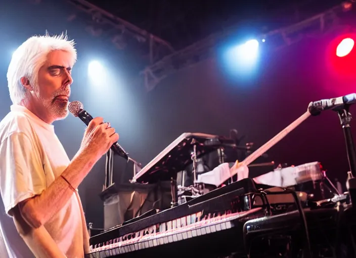 Prompt: photo still of michael mcdonald on stage at vans warped tour!!!!!!!! at age 4 8 years old 4 8 years of age!!!!!!! playing a keyboard thats on fire, 8 k, 8 5 mm f 1. 8, studio lighting, rim light, right side key light