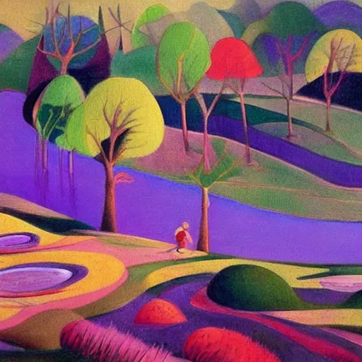 Image similar to A beautiful painting of a landscape. It is a stylized and colorful view of an idyllic, dreamlike world with rolling hills, peaceful looking animals, and a flowing river. The scene looks like it could be from another planet, or perhaps a fairy tale. harlequin by William Gropper defined