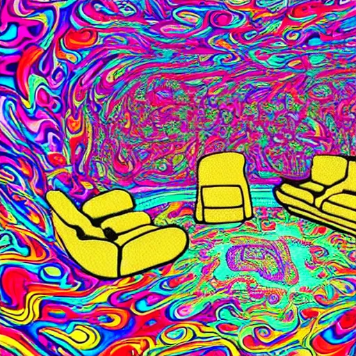 Image similar to psychedelic trippy couch in space, gotta see it to believe it, can't believe my eyes, bald people on couch, hairless couch, couch with no hair, couch with bald people on it, hairless people, couch for hair