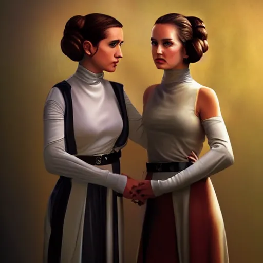 Image similar to princess leia organa and queen padme amidala holding hands, perfect face, perfect body, flirty, full body portrait, digital art by artgerm