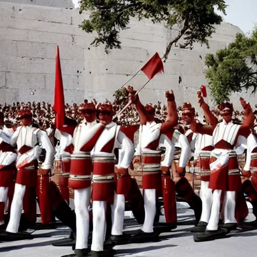 Image similar to ancient greek amphora of stalin saluting in front of a military parade