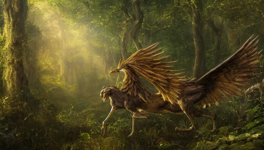 Image similar to A beautiful detailed painting of a griffin in a magical forest, ray traced sun light, by john sargent and Kalin Popov , Trending on artstation HD.