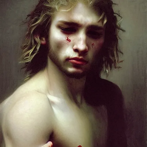 Image similar to a teen boy with long shaggy blonde hair crying angry tears. Face contorted with emotion. Eyes brimming with tears. By Bouguereau. Ruan Jia. Ayami Kojima. Masterpiece