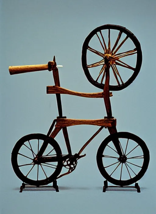 Image similar to realistic photo of a a medieval ritual astronomy appliance bicycle, made of wood white clay black plastic 1 9 9 0, life magazine reportage photo, natural colors, metropolitan museum collection