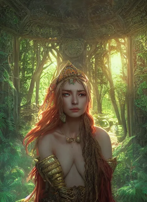 Image similar to Beautiful art portrait of a female fantasy priestess in a bright temple surrounded by lush forest, atmospheric lighting, intricate detail, cgsociety, hyperrealistic, octane render, RPG portrait, ambient light, dynamic lighting