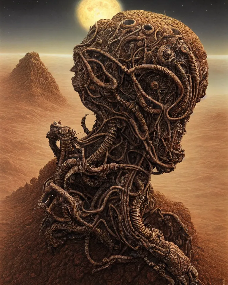 Image similar to ultra realist intricate detailed portrait of a single rugged attractive female on an alien landscape, insanity, accurate features, apocalyptic, very intricate details, 8 k resolution, dim lighting, volumetric lighting, artstyle zdzisław beksinski and keith thompson, award winning