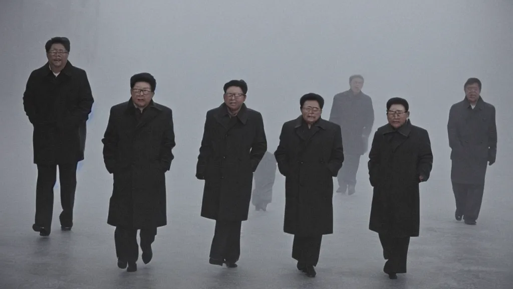 Prompt: foggy city lights, kim jong - il walking in 1 9 6 0 s pyongyang, film noir thriller in the style of orson welles and andrei tarkovski