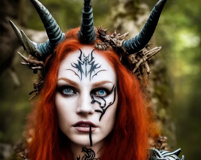 Image similar to 5 5 mm portrait photo of an armored gorgeous anesthetic redhead woman warrior with a face tattoo and horns growing from her head, in a magical forest in the style of stefan kostic, art by luis royo. highly detailed 8 k. intricate. lifelike. soft light. nikon d 8 5 0. cinematic post - processing