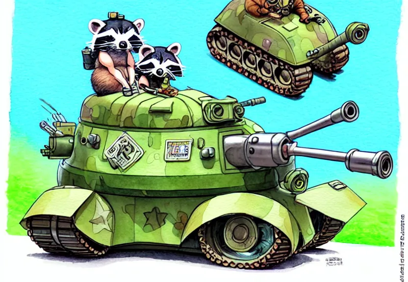 Prompt: cute and funny, racoon wearing army helmet riding in a tiny t 1 4 tank with large cannon, ratfink style by ed roth, centered award winning watercolor pen illustration, isometric illustration by chihiro iwasaki, edited by range murata