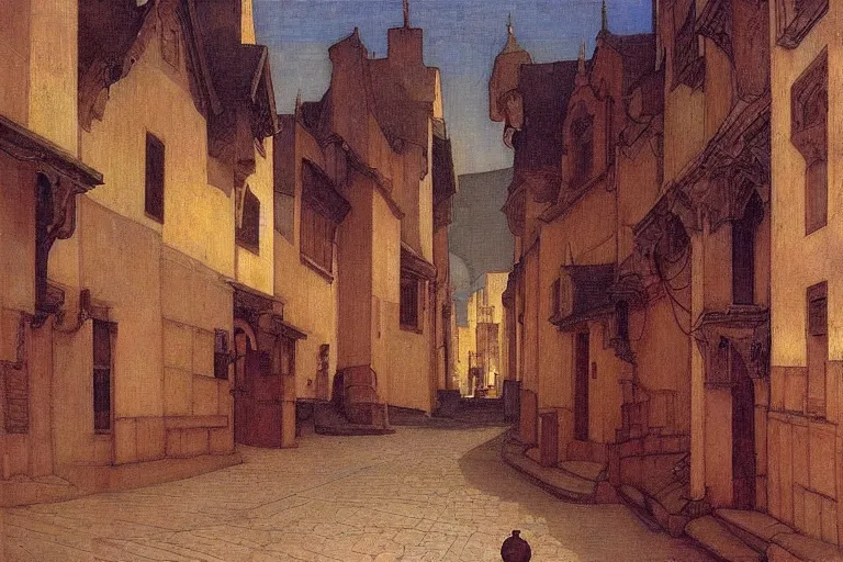 Image similar to winding street in a very old city by Annie Swynnerton and Nicholas Roerich and jean delville, glowing paper lanterns, strong dramatic cinematic lighting , ornate tiled architecture, lost civilizations, smooth, sharp focus, extremely detailed