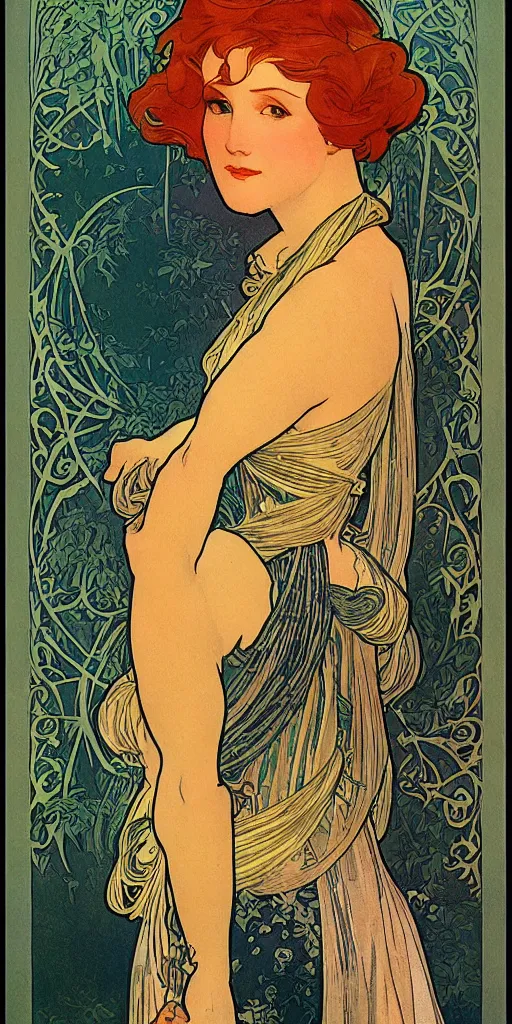 Prompt: highly detailed redhead woman poster style by designer alphonse mucha, maxfield parrish