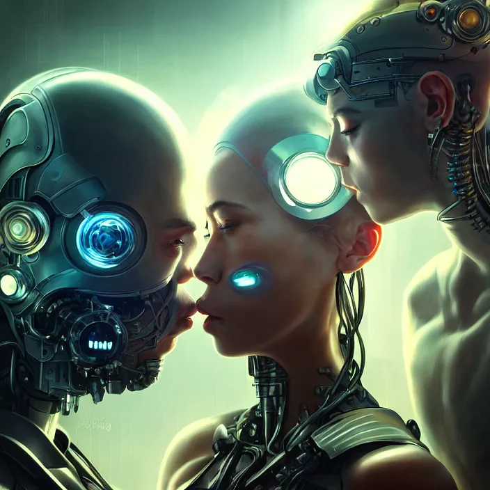 Image similar to ultra realistic medium shot of a couple of cyborgs kissing, lovers, cyberpunk, sci - fi, fantasy, kodak, colour led, soft light, volumetric lighting, night, intricate, highly detailed, digital painting, concept art, smooth, sharp focus, illustration, art by artgerm and greg rutkowski and alphonse mucha