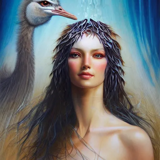 Prompt: a beautiful ostrich manipulating water by karol bak, ayami kojima, artgerm, river, water, blue eyes, smile, concept art, fantasy