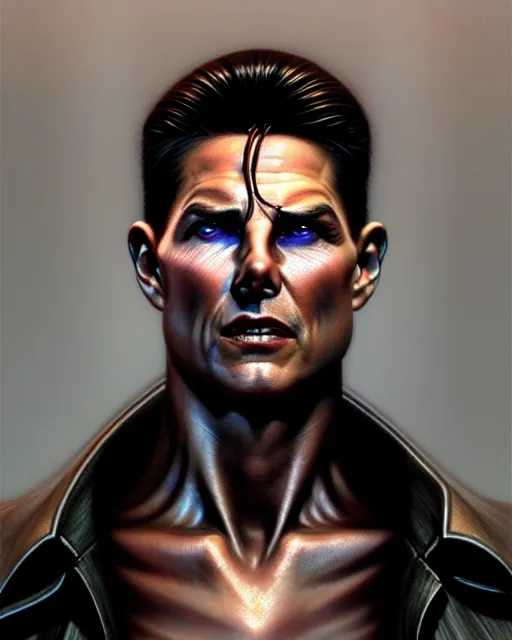 Image similar to front shot of a tom cruise cyberpunk criminal mastermind character, intricate, elegant, highly detailed, centered, (((artstation, concept art, smooth, sharp focus, artgerm, Tomasz Alen Kopera, Peter Mohrbacher, donato giancola, Joseph Christian Leyendecker, WLOP, Boris Vallejo))), mugshot!!!!!, ugly!!!!!!, octane render, nvidia raytracing demo, grainy, muted