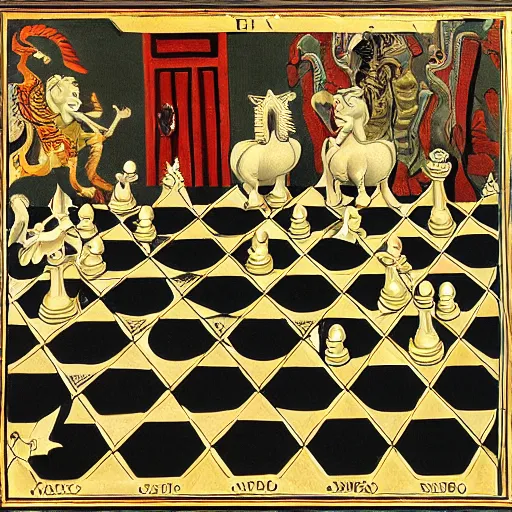 Image similar to portrait of a chessboard, with dragons and elephants as chess pieces, highly detailed, in the style of Giorgio de Chirico