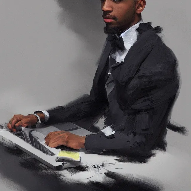 Image similar to a lightskinned black man with short hair, clean shaven, using a macbook, portrait, elegant, intricate, digital painting, artstation, concept art, smooth, sharp focus, illustration, art by konstantin korovin and daniel f. gerhartz and john howe