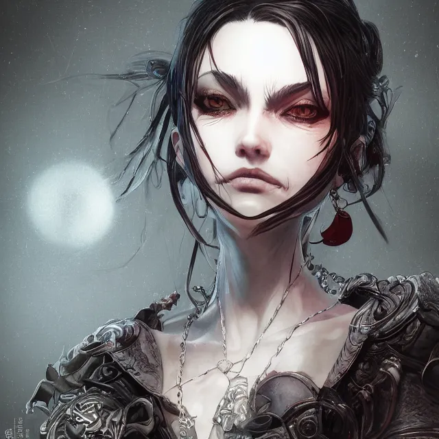 Prompt: the portrait of neutral evil fallen female dark knight vagabond as absurdly beautiful, gorgeous, elegant, sophisticated, young woman, an ultrafine hyperdetailed illustration by kim jung gi, irakli nadar, intricate linework, bright colors, octopath traveler, final fantasy, unreal engine 5 highly rendered, global illumination, radiant light, detailed and intricate environment