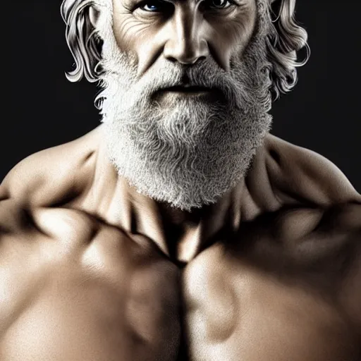 Image similar to half body portrait of rugged zeus, greek god, 4 0 years old, handsome, white hair, soft hair, upper body, muscular, hairy torso, fantasy, intricate, elegant, highly detailed, digital painting, artstation, concept art, smooth, sharp focus, illustration, art by artgerm and greg rutkowski and alphonse mucha