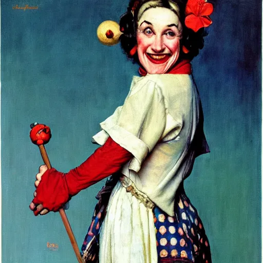Image similar to female jester, by norman rockwell.