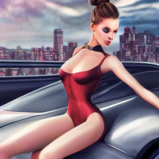 Image similar to promotional photo of a gorgeous young woman in a catsuit in the style of stefan kostic, she is presenting a car designed like a cat, realistic, sharp focus, 8k high definition, insanely detailed, intricate, elegant, art by stanley lau and artgerm,