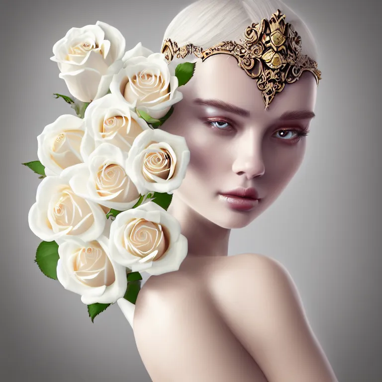 Prompt: wonderful symmetrical princess with a clear skin ornate of cream liquid semi transparent white roses, 8 k gorgeous delicate cream detailed, accent white lighting, dramatic light, octane render