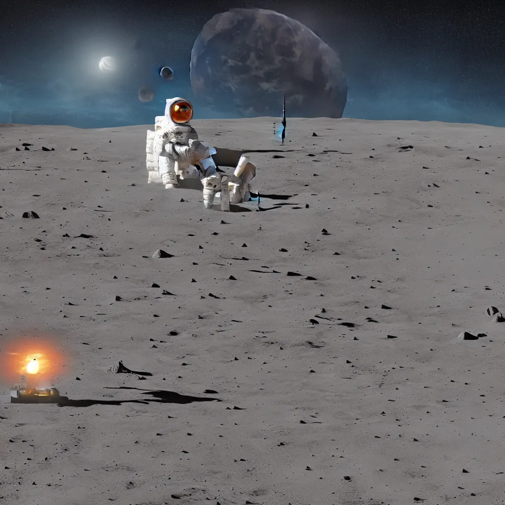 Image similar to astronaut on the Moon, sitting on a bench reading a book, planet Earth visible over the horizon, rim lighting, cinematic lighting, photo realistic image, 4K, super detailed, cinematic look