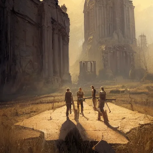 Image similar to epic masterpiece of cinematographic hyperrealism where a group of archeologists appears in front of the dread tower. realistic shaded lighting poster by craig mallismo, artgerm, jeremy lipkin and michael garmash, unreal engine, radiant light, detailed and intricate environment, digital art, art station trends