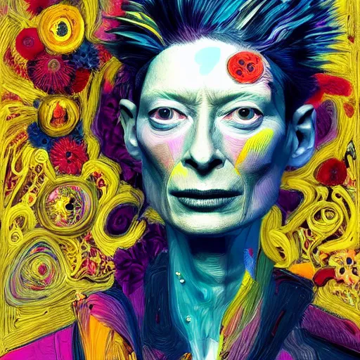 Image similar to a realistic yet sketched fierce neon tilda swinton, trending on artstation, by archan nair and marlene duma, intricate details, flowers, in the style of frank auerbach, in the style of martin ansin, in the style of david aja, in the style of mattias adolfsson