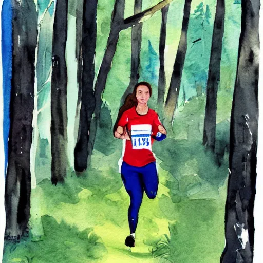 Prompt: a female orienteer runs in the forest, watercolor on canvas.