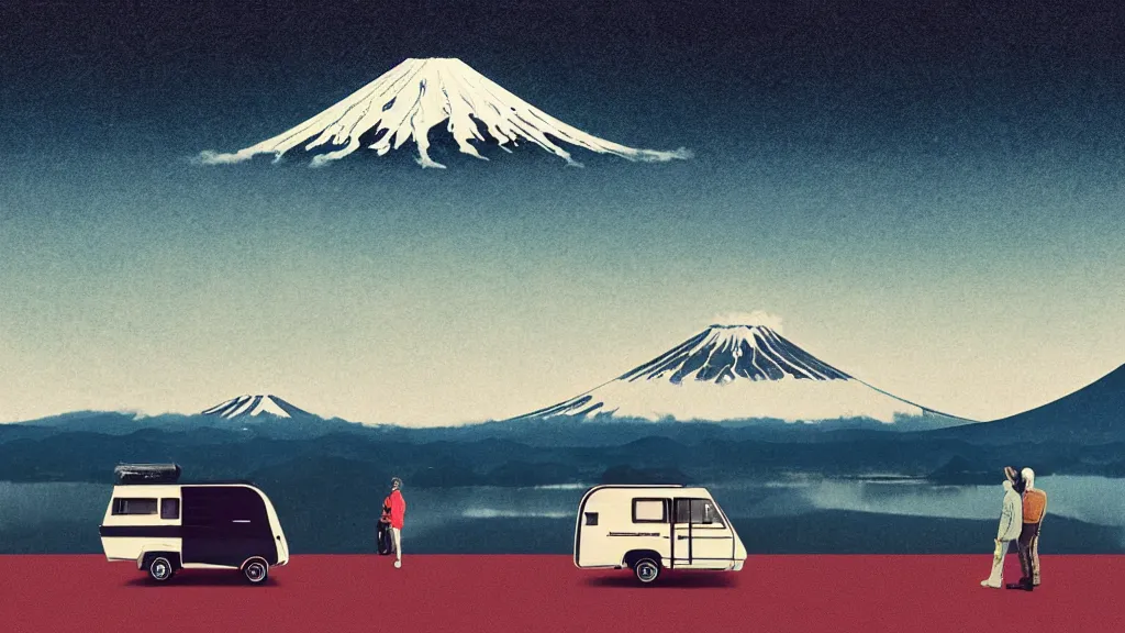 Image similar to a scene of two travellers and their camper touring overlook at the edge of yamanaka lake, reflecting mount fuji and a dramatic sky, japan, a collage painting, in the style of wes anderson, lola dupre, david hockney, isolated on negative white space background dark monochrome neon spraypaint accents volumetric octane render