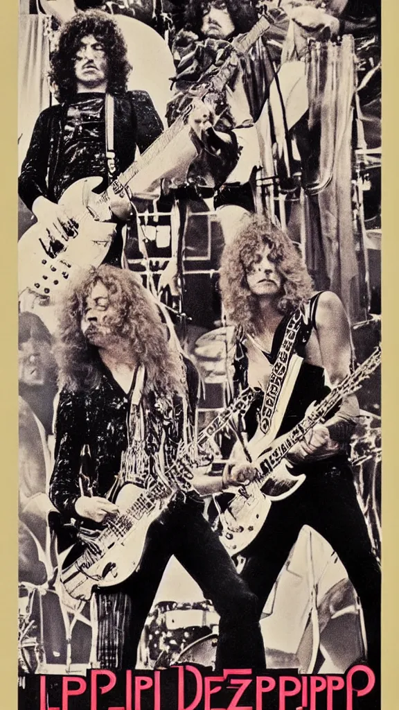 Image similar to Led Zeppelin concert poster circa 1969, Madison Square Garden, colorized, Jimmy Page playing double neck guitar, drum kit, highly detailed