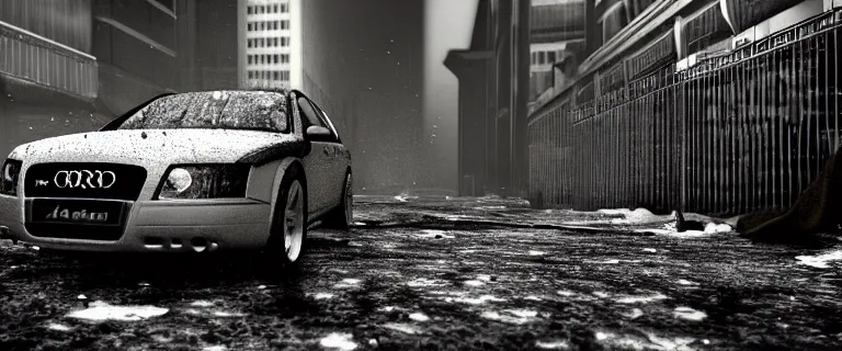 Image similar to Audi A4 B6 Avant (2002), a gritty neo-noir, dramatic lighting, cinematic, eerie person, death, homicide, homicide in the snow, viscera splattered, gunshots, bullet holes, establishing shot, extremely high detail, cracked windows, photorealistic, arson, burning city, cinematic lighting, artstation, by simon stalenhag, Max Payne (PC) (2001) winter New York at night, In the style of Max Payne 1 graphic novel, flashing lights, Poets of the Fall - Late Goodbye