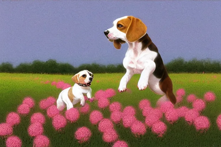 Image similar to white and brown beagle dog playing in a full of pink flowers, by Quint Buchholz, light pastel colors, detailed, bright daylight, happy
