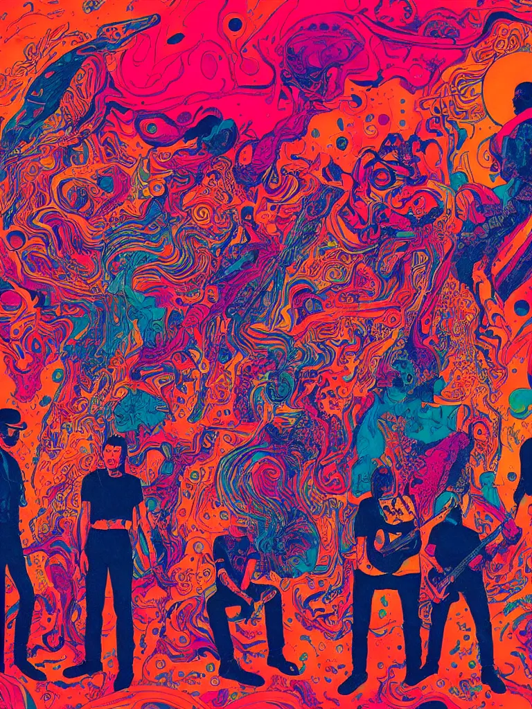 Image similar to a psychedelic poster of khruangbin trio musicians by james jean, paul lehr, krizpii, christian orrillo, risography print,