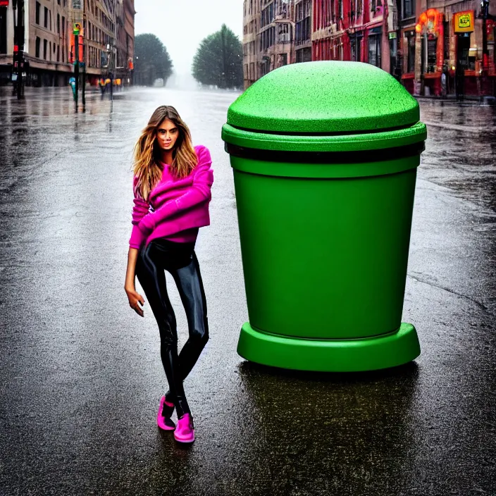 Prompt: fully body pose, photo of a very beautiful!! victoria secret model, oscar the grouch, wet hair, raining, 8 k, hdr, smooth, sharp focus, high resolution, award - winning photo, trending on artstation, dslr, 5 0 mm