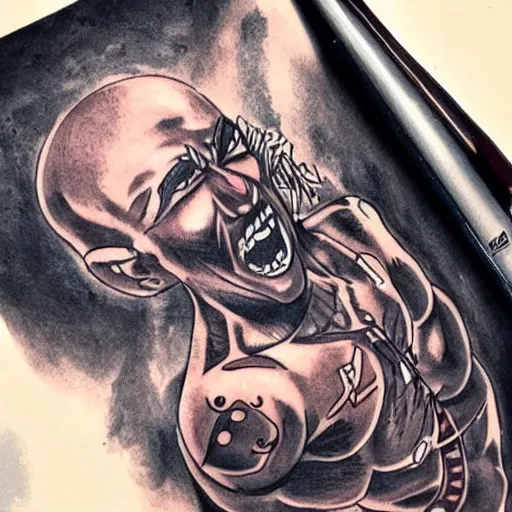 Image similar to muscular bald man, tattooed body, sword in hands, HD, anime style,