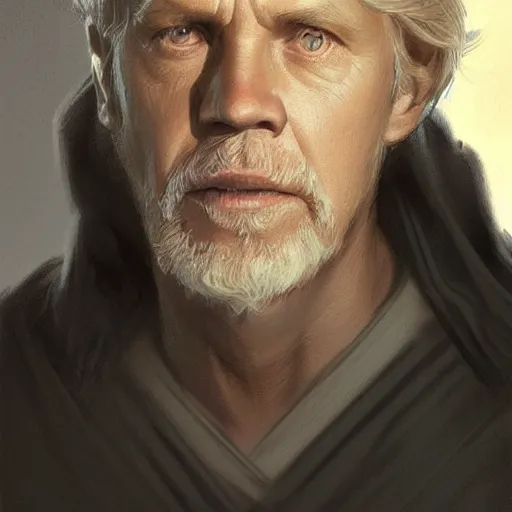 Image similar to portrait of a man by Greg Rutkowski, old jedi Master Luke Skywalker from Star Wars Expanded Universe, he is about 60 years old, wearing black robes, highly detailed portrait, digital painting, artstation, concept art, smooth, sharp foccus ilustration, Artstation HQ