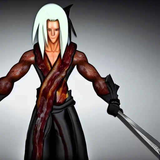 Image similar to sephiroth made out of crispy bacon