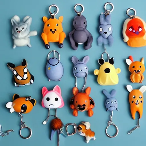 Image similar to some cute plastic toys that look like animal characters hanging from a backpack on a keychain, pastel colors