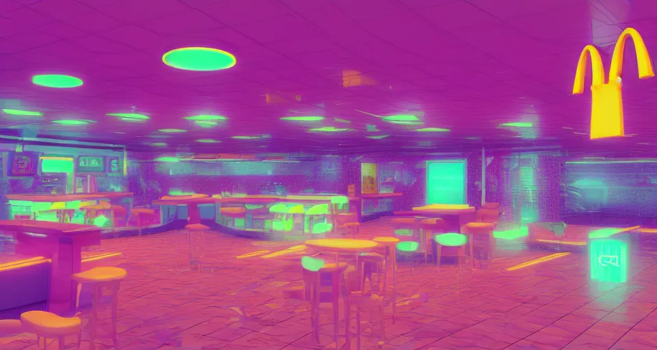 Image similar to 80s vaporwave outrun 3d Render of deep sea mcdonalds, liminal space retro, grainy, noisy