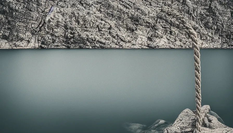 Image similar to photo of a rope on the surface of water, in the middle of a lake, overcast day, rocky foreground, 2 4 mm leica anamorphic lens, moody scene, stunning composition, hyper detailed, color kodak film stock