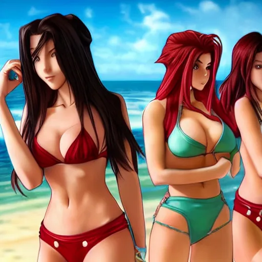 Image similar to beautiful aerith and tifa and jessie from final fantasy in a bikini on the beach making eye contact drawn by artgerm