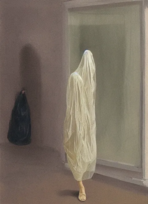 Prompt: woman in a translucent dress made from plastic bag with paper bags for clothes standing inside paper bags with paper bag over the head at store display in a pile of plastic bags Edward Hopper and James Gilleard, Zdzislaw Beksinski, highly detailed