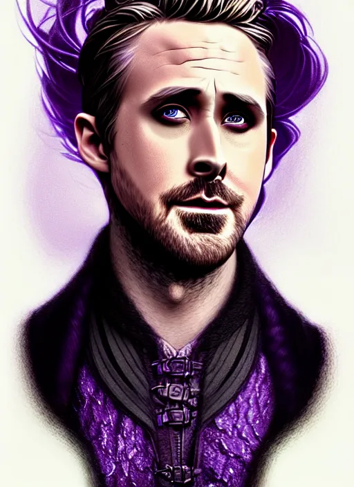 Prompt: side portrait Ryan Gosling as dark witch, adventurer outfit large cloak, fantasy forest landscape, dragon scales, fantasy magic, undercut hairstyle, short purple black fade hair, dark light night, intricate, elegant, sharp focus, illustration, highly detailed, digital painting, concept art, matte, art by WLOP and Artgerm and Greg Rutkowski and Alphonse Mucha, masterpiece