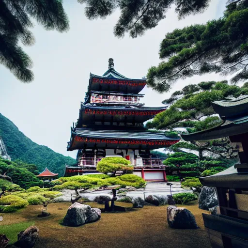 Image similar to giant japanese temple in the mountains, rocks, trees, beautiful natural light, cinematic, amazing