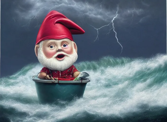 Image similar to a terrified garden gnome sailing in a bucket, background of raging ocean with huge waves on a stormy day with dramatic thunderhead clouds, an ultrafine detailed painting by mark ryden, trending on deviantart, pop surrealism, whimsical, lowbrow, rainy, perfect symmetrical face