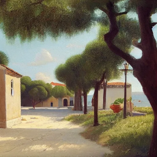 Image similar to a beautiful painting of a mediterranean village in summer by peter ilsted, whitewashed housed, cypress trees, cyan shutters on windows, trending and featured on artstation and behance