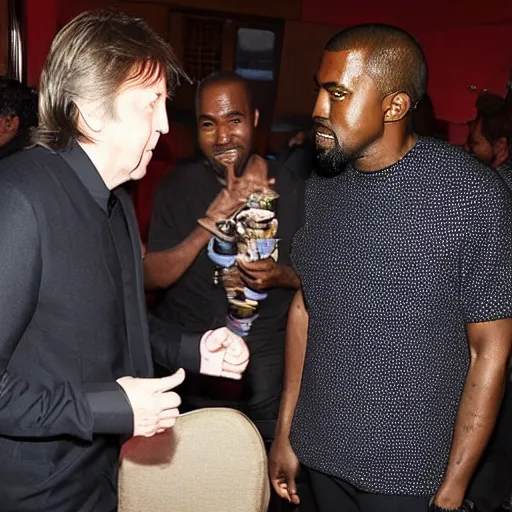 Prompt: Paul McCartney and Kanye West meeting at a restaurant, realistic photo, paparazzi