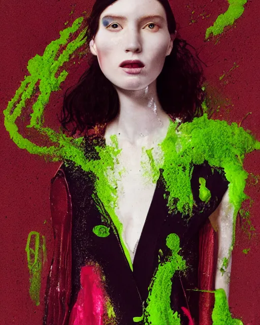 Image similar to olivia at the new york fashion week, wearing an outfit made of nickelodeon slime, black hair, freckles, pale skin, photo by greg rutkowski, harsh shadows, bright lighting, female beauty, intricate detail, elegance, sharp shapes, masterpiece